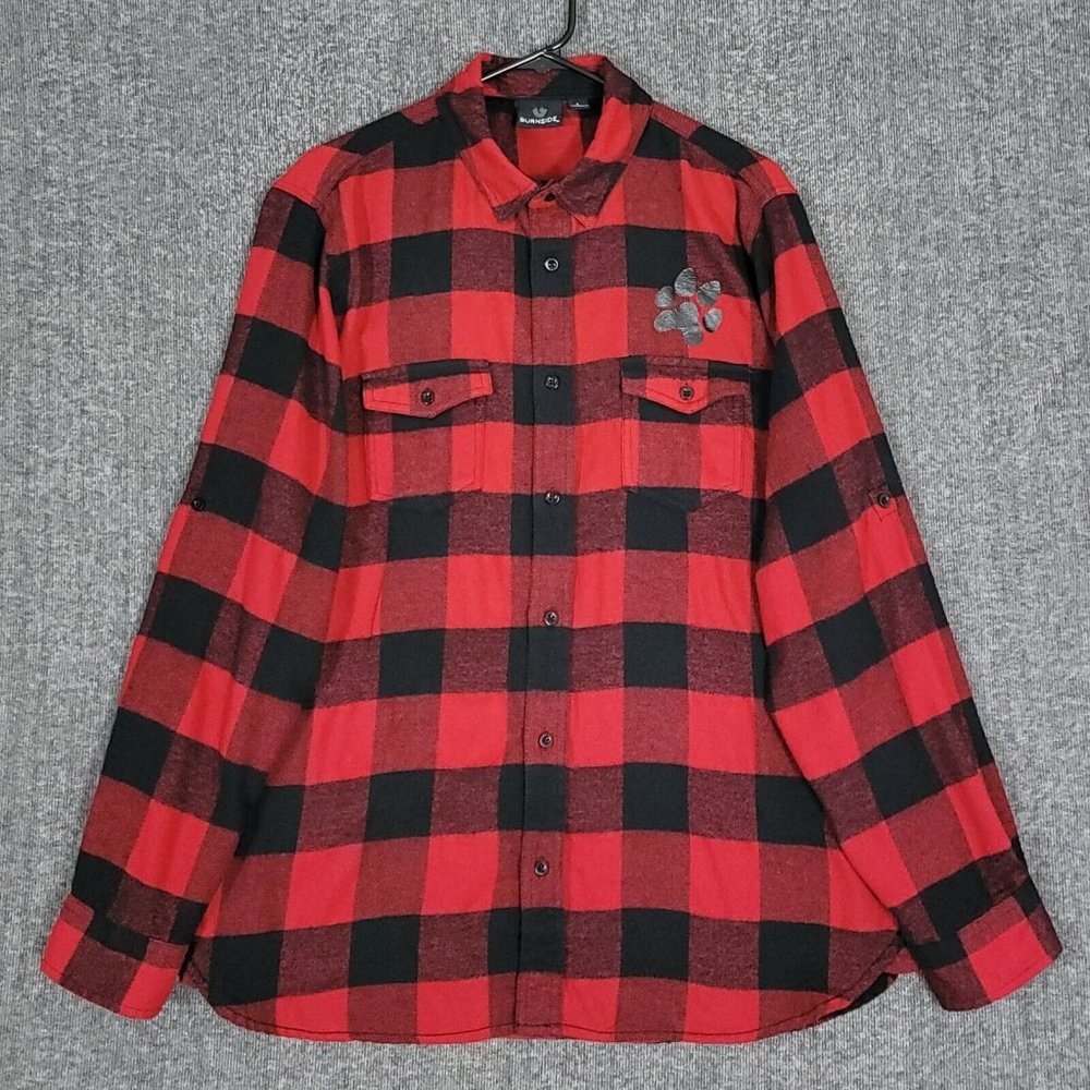 Burnside Shirt Mens Large Red Black Plaid Flannel Long Sleeve Button Up